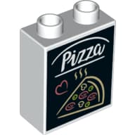 Duplo Brick 1 x 2 x 2 with Bottom Tube with 'Pizza' and Slice of Pizza Print