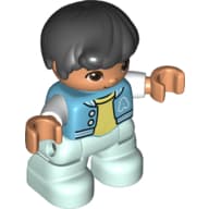 Duplo Figure Child, Hair Combed Forward with Curl Black, Light Aqua Legs, Bright Light Yellow Under Shirt, Jacket Print