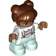 Duplo Figure Child with Two Buns on Top and Long Bangs Reddish Brown, with Light Aqua Legs, Pink and White Strips on Shirt Print