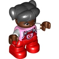 Duplo Figure Child with Ponytails and Bangs Black, with Red Legs, Red Dungarees with Flower Print