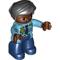 Duplo Figure with Thick Short Hair Combed over Forehead and Bun Black, with Dark Blue Legs, Shirt with Gold Police Badge and Dark Blue Tie Print