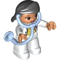 Duplo Figure with Hair Swept Right Black, White Legs, White Top with ID Badge, White Arms, Attached Stethoscope (Medic)