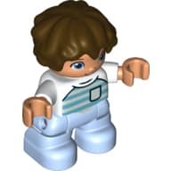 Duplo Figure Child with Short Wavy Hair Dark Brown, with Bright Light Blue Legs, Shirt with Azure and Aqua Stripes and Pocket Print