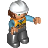 Duplo Figure with Hard Hat and Long Hair, Black Legs, Safety Vest, Nougat Hands
