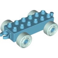 Duplo Car Base 2 x 6 with Fake Bolts, Open Hitch End and Light Aqua Wheels