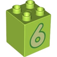 Duplo Brick 2 x 2 x 2 with Yellowish Green '6' Print