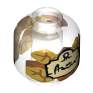 Minifig Head (No Face), Bottle / Jar, Leaves, Tan Label with Black Script Print