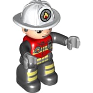 Duplo Figure with Helmet White, Black Legs, Jacket with Bright Light Yellow Safety Stripes, Fire Badge, and Radio Print (Firefighter)