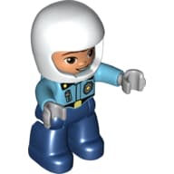 Duplo Figure with Helmet White, Dark Blue Legs, Police Shirt with Badge and Zipper, Nougat Face Print