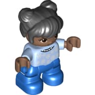 Duplo Figure Child with Two Buns on Top and Long Bangs Black, with Blue Legs, Bright Light Blue Shirt with Snowflakes Print