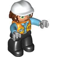 Duplo Figure with Hard Hat and Long Hair, Black Legs, Safety Vest, Light Bluish Grey Hands