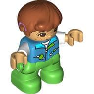 Duplo Figure Child, Hair Combed Forward with Curl Dark Orange, Bright Green Legs, Jacket with Pockets and Zipper Print