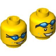 Minifig Head, Black Eyebrows, Sweat Drops, Smile with Teeth, Azure Swim Goggles over Eyes, Back Goggles on Forehead