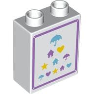 Duplo Brick 1 x 2 x 2 with Medium Lavender Border, Medium Azure/Lavender/Yellow Umbrellas, Houses, Hearts, Stars print