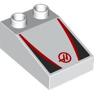 Duplo Brick 3 x 2 Slope 33° with Black and Red Panels, Red 'H' in Circle Print
