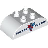 Duplo Brick 2 x 4 Curved Top with 'DOCTOR NUDSON;, Red/Blue Serpents around Wrench print