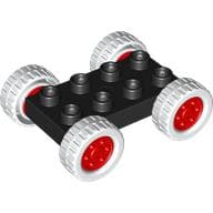 Duplo Car Base 2 x 4 with Fixed Axles - 27.5 White Tires & Red Wheels