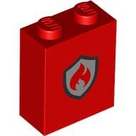 Brick 1 x 2 x 2 with Inside Stud Holder with Black/Silver Firefighter Badge print