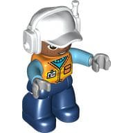 Duplo Figure with Headset and Cap White, Dark Blue Legs, Safety Vest Print