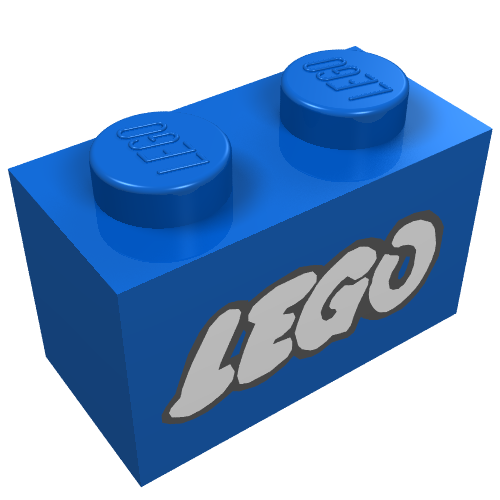 Brick 1 x 2 with LEGO Logo Open O White with Black Outline Print