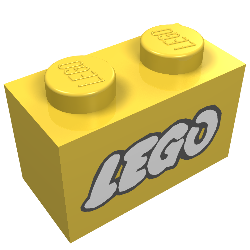 Brick 1 x 2 with LEGO Logo Open O White with Black Outline Print