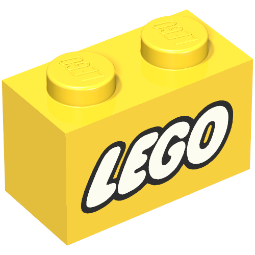 Brick 1 x 2 with LEGO Logo Closed O White with Black Outline Print