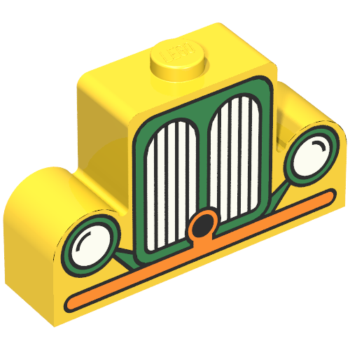 Brick Curved 1 x 4 x 2 Centre Stud Top with Orange and Green Car Grill Print
