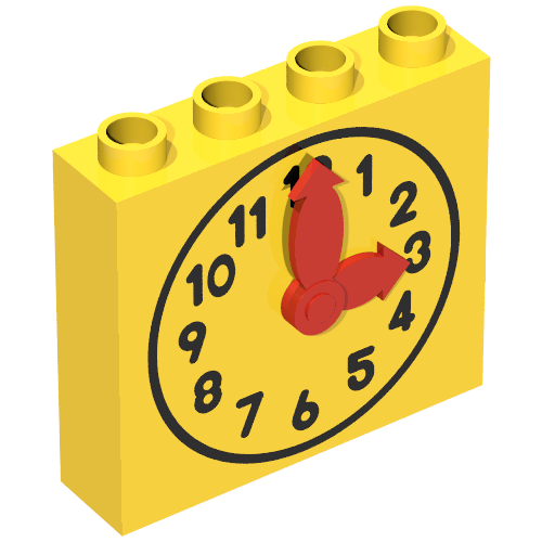 Duplo Brick 1 x 4 x 3 with Movable Red Hands and Yellow Clock Face Print
