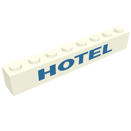 Brick 1 x 8 with 'HOTEL' Blue print