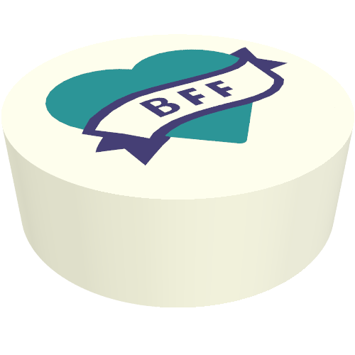 Tile Round 1 x 1 with Dark Purple Banner 'BFF' on Dark Turquoise Heart