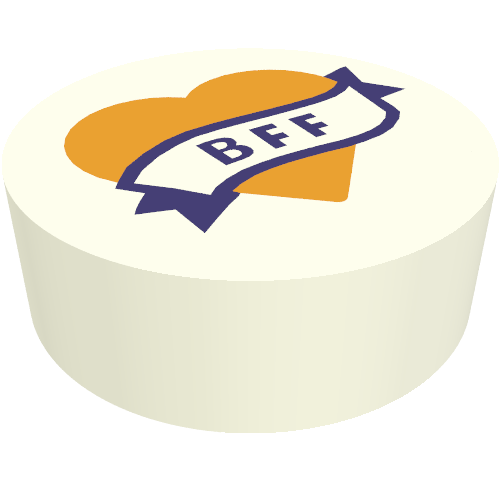 Tile Round 1 x 1 with Dark Purple Banner 'BFF' on Bright Light Orange Heart