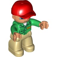 Duplo Figure with Cap Red, with Green Long Sleeve Shirt with 'ZOO' on Front and Back - Tan Legs