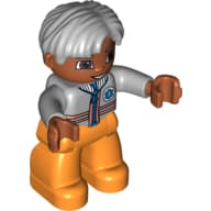 Duplo Figure Side Parted Hair Gray, with Orange Legs, Light Bluish Gray Top with Zipper and Stripes Print (Medic)