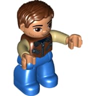 Duplo Figure with Parted Wavy Hair Reddish Brown, with Blue Legs, Reddish Brown Jacket with Zippers, Tan Arms, and Brown Eyes