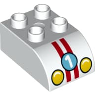 Duplo Brick 2 x 3 with Curved Top with '1', Headlights and 2 Red Stripes Print