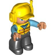 Duplo Figure with Headset and Cap Yellow, with Medium Azure Arms, Yellow Vest with Orange Stripes, and Black Legs