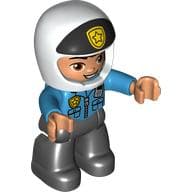 Duplo Figure with Helmet White with Black Front and Badge, Black Legs, Dark Azure Top with Badge and Radio Print (Police)