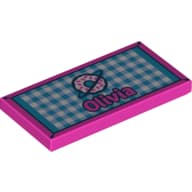 Tile 2 x 4 with "Olivia" on Medium Blue/White Checkered Back, Donut