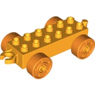 Duplo Car Base 2 x 6 with Fake Bolts, Open Hitch End and Orange Wheels