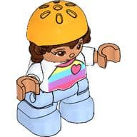 Duplo Figure Child with Hair and Bike Helmet Bright Light Orange, Bright Light Blue Legs, Striped Shirt with Heart Print