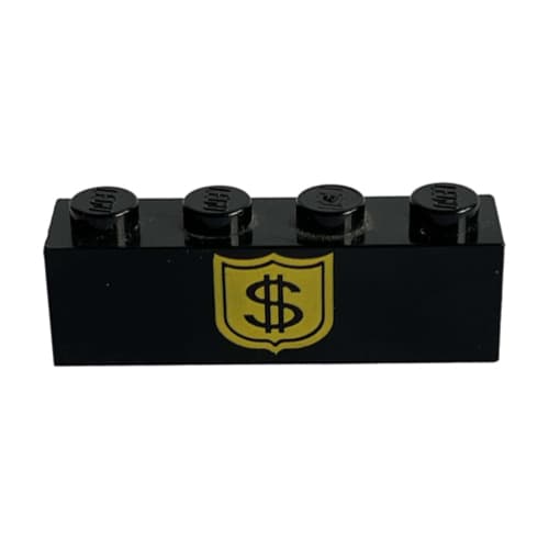 Brick 1 x 4 with Black Dollar Sign on Yellow Badge Print