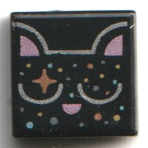 Tile 1 x 1 with Black Cat, Coral Ears, Coral Star, Multi-Colored Dots print