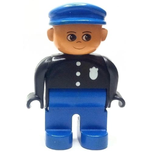 Duplo Figure, Early, with Flat Cap Blue, Blue Legs, Three Buttons and Police Badge, Nose Pointing Up Print