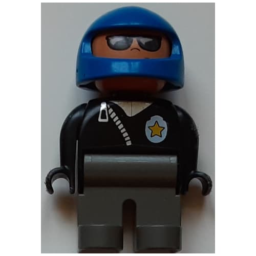 Duplo Figure, Early, Helmet Blue, Dark Gray Legs, Sunglasses, Diagonal Zippered Jacket and Police Badge Print