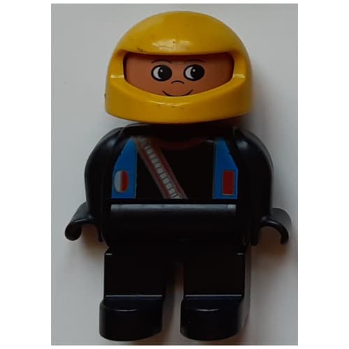 Duplo Figure, Early, Helmet Yellow, Light Gray Legs, Blue Straps and Racer Diagonal Zipper Print