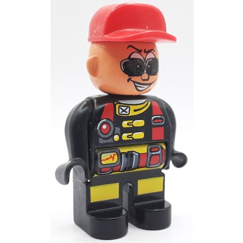 Duplo Figure, Early, Cap Red, Black Legs, Red Utility Harness, Sunglasses Print (Action Wheeler)