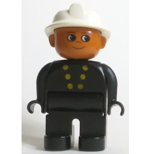 Duplo Figure, Early, Fire Helmet White, Black Legs, Gold Buttons Print