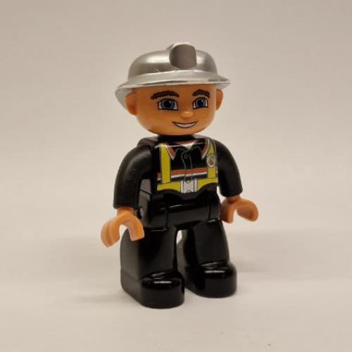 Duplo Figure with Fireman Helmet Silver, and Nougat Face and Hands