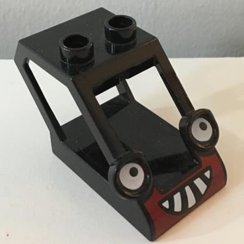 Duplo Backhoe Cabin Sloped 2 x 4 x 2 with Headlight Eyes and Dark Red / White Grille Print (Benny)