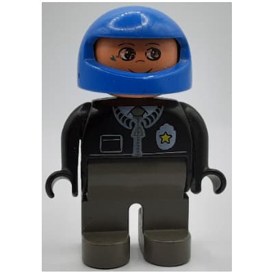 Duplo Figure, Early, Helmet Blue, Dark Gray Legs, Jacket with Zipper, Tie, and Police Badge Print